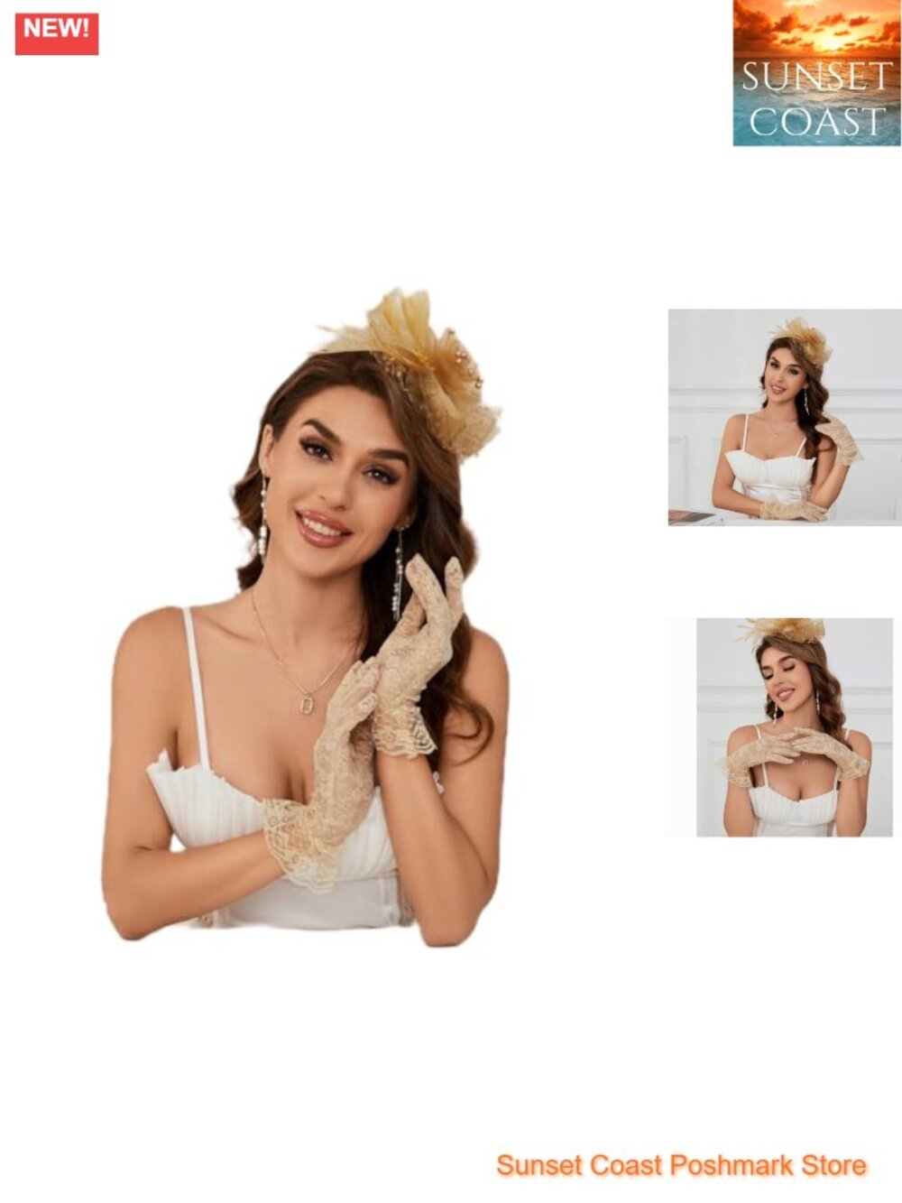 GurZinn Fascinator Hat Veil Feather Mesh Pillbox with Lace Gloves Set